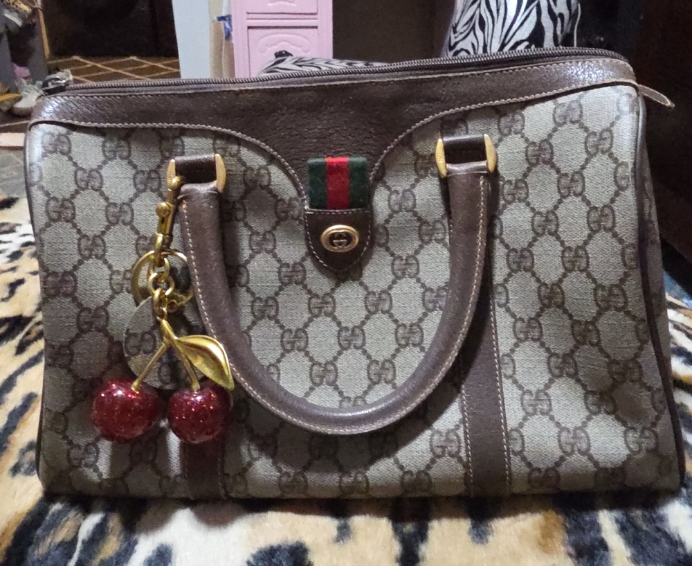 Gucci Brown and Cream Satchel with Cherry Charm